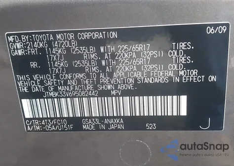 2009 Toyota Rav4 Base V6 z USA, uszkodzony, nr VIN JTMBK33V695082442